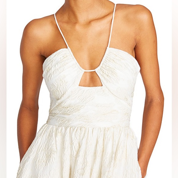 NWT MONIQUE LHUILLIER Spaghetti strap Metallic Jacquard Midi Dress - Ivory - Picture 6 of 16